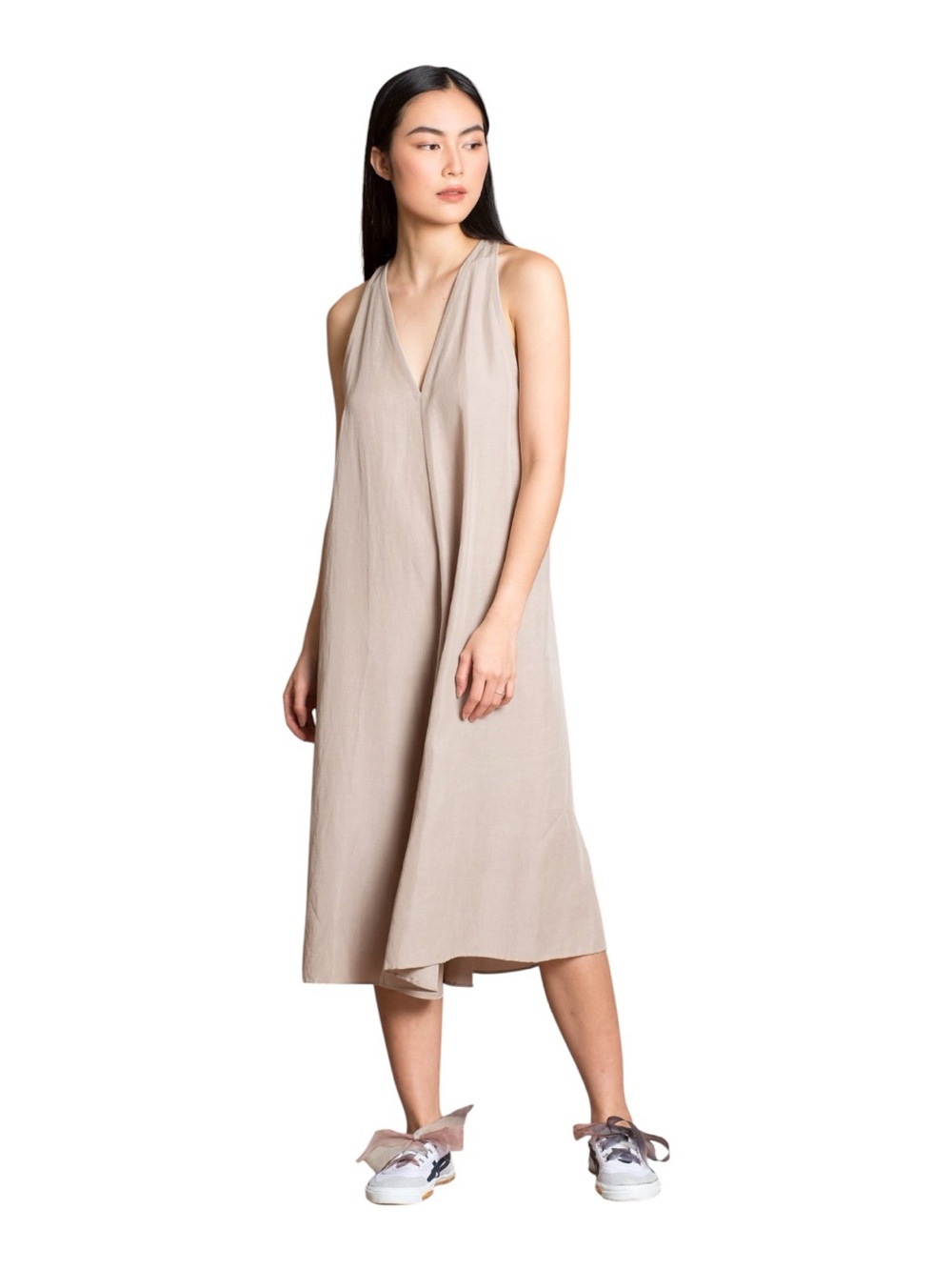 Kaarem Sleeveless V-Neck Eco-Friendly Tencel/Linen Midi Dress in Light Taupe
